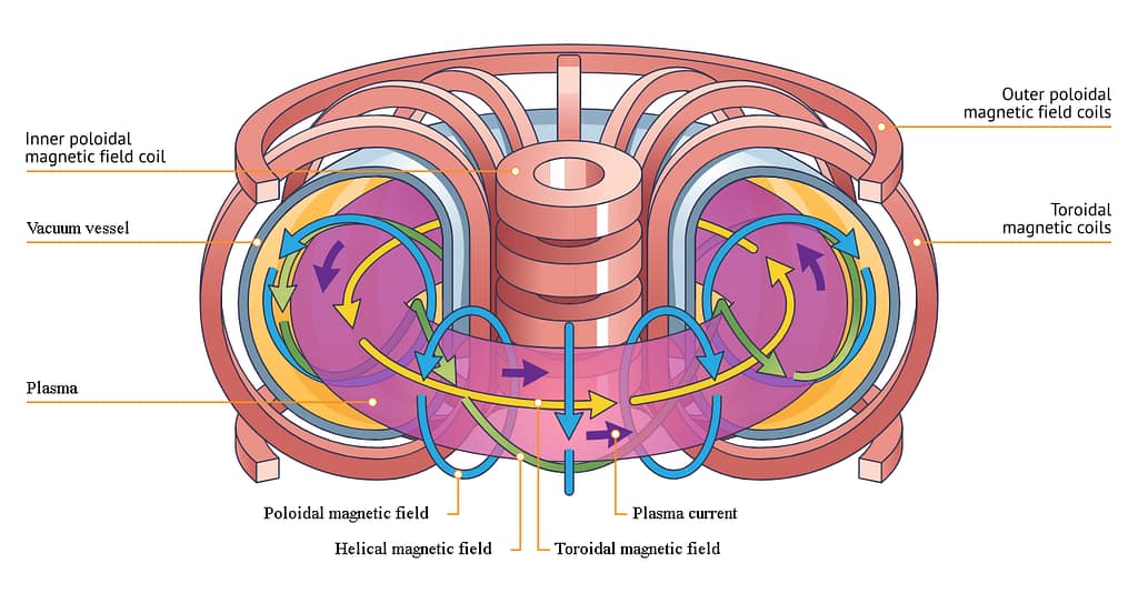 Imagem ilustrativa do funcionamento de um tokamak e do plasma confinado.