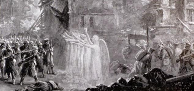 Ilustração representando o conceito dos "Anjos de Mons", figuras misteriosas que teriam protegido soldados britânicos durante a batalha.