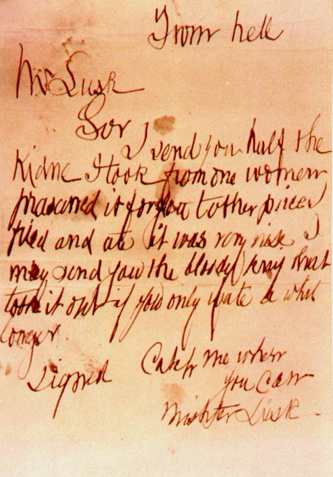 A carta "From Hell", famosa pela sua natureza perturbadora e pelo conteúdo macabro.