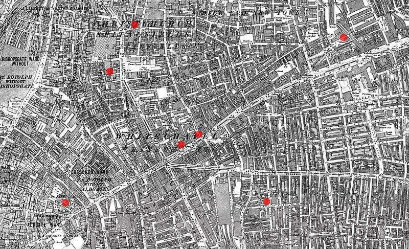 Mapa mostrando os locais dos assassinatos atribuídos a Jack, o Estripador, em Londres.